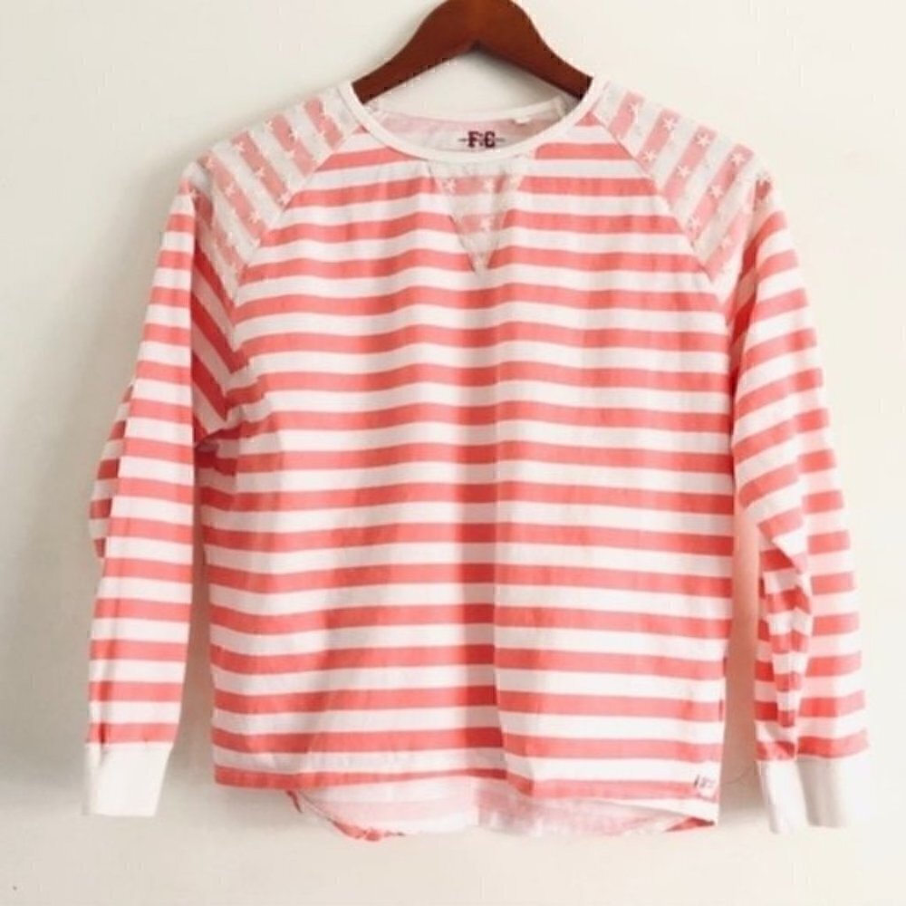 french connection Top 13 Juniors Oversized Stripe Lace Stars Pink & White Boxy